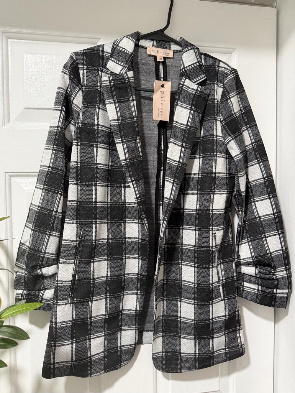 Philosophy Black & White Plaid Notch Lapel Blazer